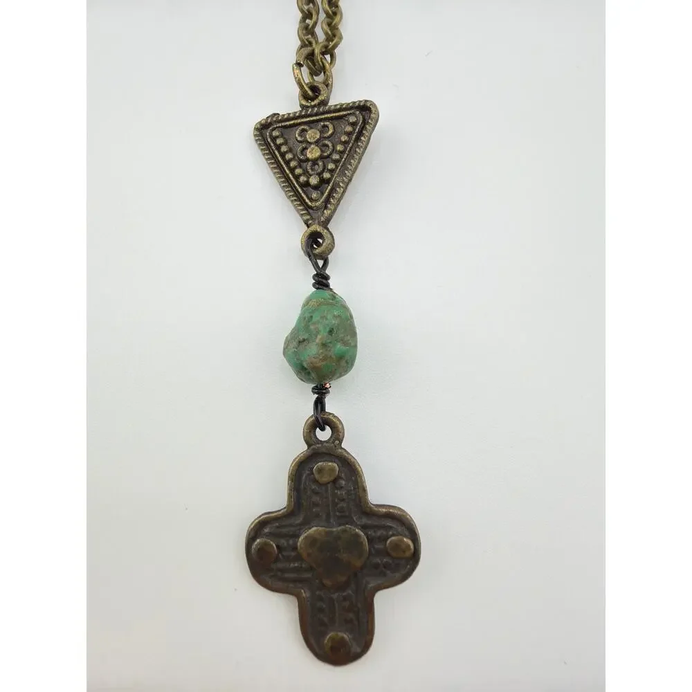 Handcrafted Artisan Made Ethiopian  Coptic Cross Pendant Necklace with Turquoise